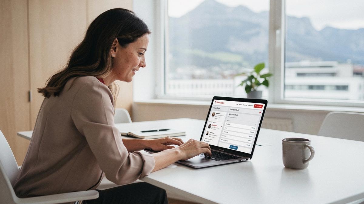 Swiss career coach reviewing multilingual content and client bookings on a laptop